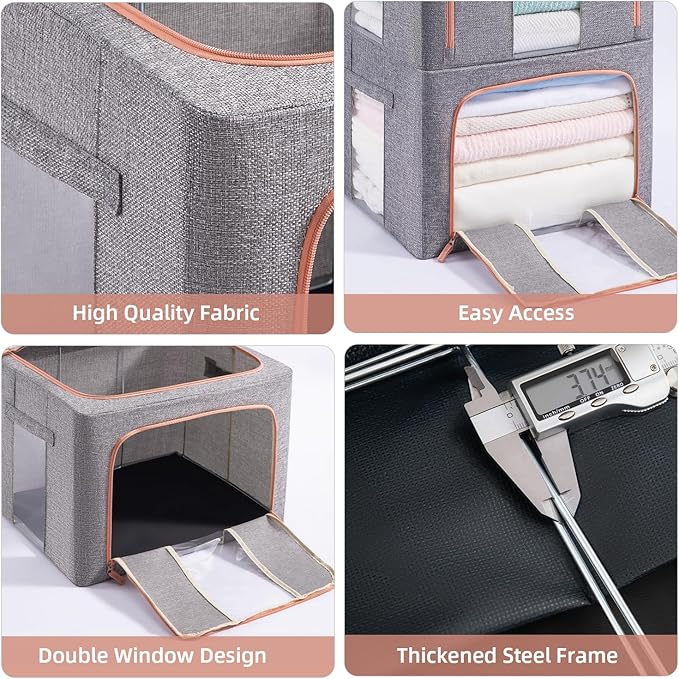 GuliPostan 24L Stackable Clothes Storage Bins with Metal Frame Handles & Zipper, Collapsible Closet Organizer Box with Lid for Bedding Blankets Towel (Grey,1 pack)