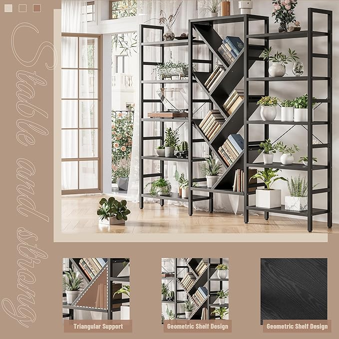 70x70” Triple 5 Tier Book Shelf, Large Wooden Bookcase with 17 Open Display Shelf, Modern Tree Bookshelf Metal Frame Tall Book Case Furniture for Living Room Bedroom Home Office Black