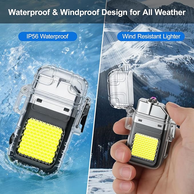 2 Pack Waterproof Lighter of 3 Modes Windproof Flashlight, Dual Arc Plasma Lighter, Flameless, Electric USB Rechargeable for Camping, Hiking, Outdoor Survival Gifts for Men