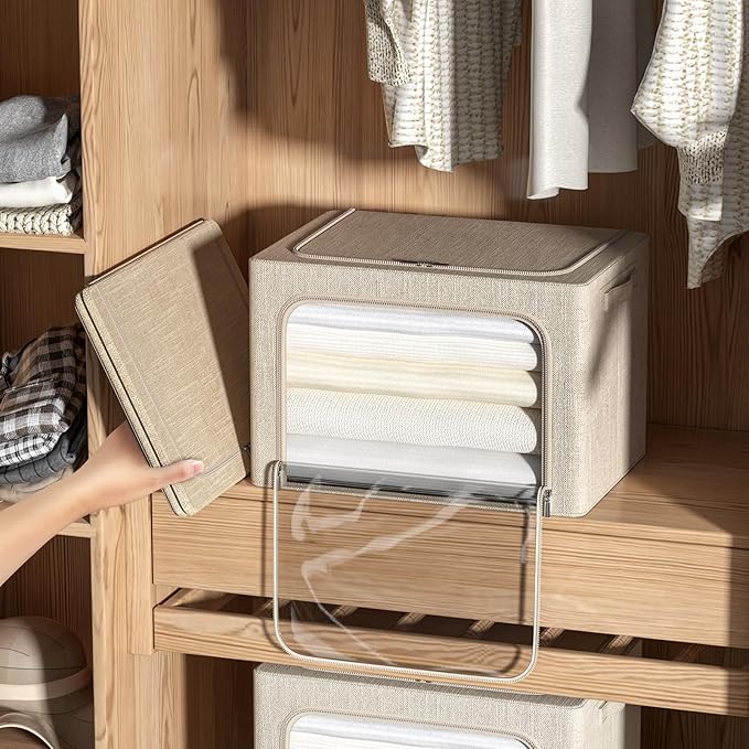 4 Pack Clothes Storage Bins with Metal Frame - Linen Fabric Foldable Stackable Container Organizer Set with Clear Window & Carry Handles & Zippers (Beige, 23.6"x16.5"x15.7")