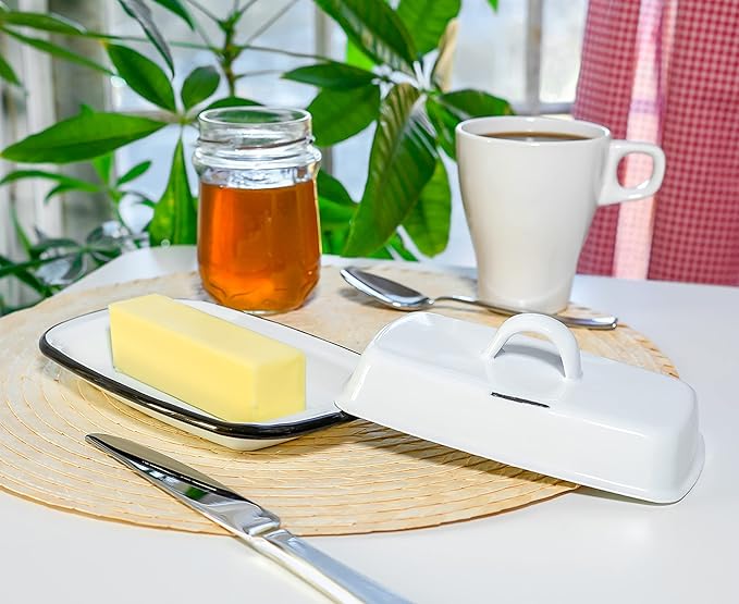 Red Co. 7.75” x 4.5” Enamelware Metal Cheese Server & Butter Dish Holder with Dome Lid, Distressed White/Black Rim