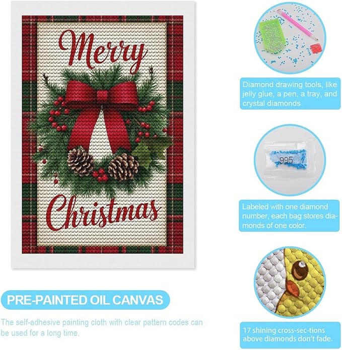 AIVKIEJK Diamond Painting Kits for Adults - Merry Christmas Red Bow & Pine Cones Painting DIY 5D Full Drill Diamond Dots Paintings with Diamonds Gem Art and Crafts Home Decor 8"x12"
