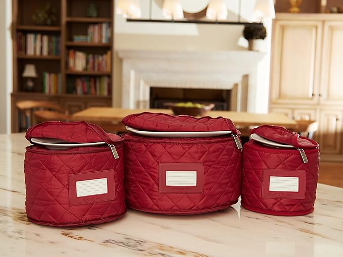 Covermates Keepsakes Dish Storage Set – Padded China & Dinnerware Storage Cases with Dividers, Cup & Stemware Storage, Quilted Polyester Protection, ID Window, Red