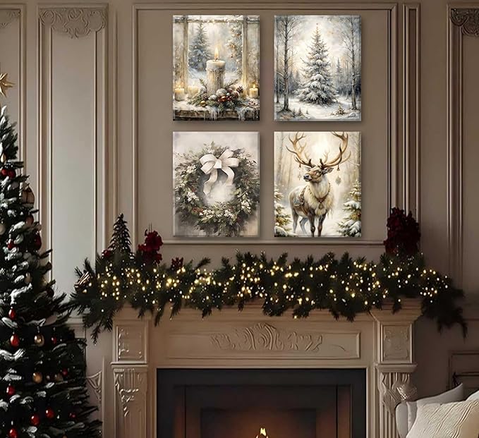 Paint by Number Kit for Adults & Kids, 4 Pack Winter Christmas Scenes (Reindeer, Snowy Tree, Candle Display, Wreath) 12x16Inch Framed, DIY Acrylic Painting Kit with Brushes & Paints