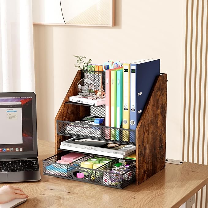 Homsorout Wooden Desk Organizer - Mesh File Organizer with Drawers and Pen Holder - 4-Tier Vertical Paper Letter Storage Tray, Desktop Organizers and Accessories for Home Office