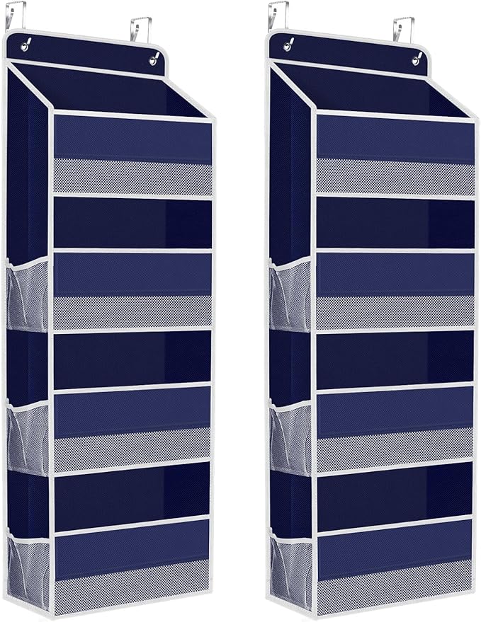 SpaceHacks 2 Pack Over The Door Organizer, Hanging Storage Organizer with Clear Window, 40lb Ultra Sturdy Large Capacity Room Organizer for Pantry Laundry Bathroom Nursery Closet (Blue)