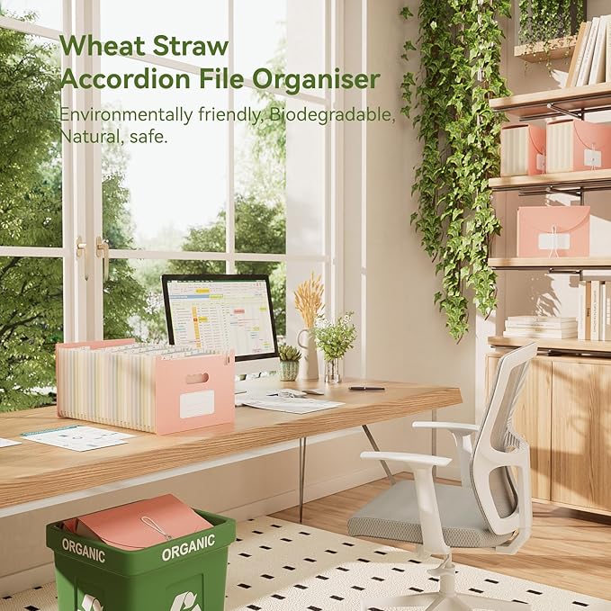 EcoStash Wheat Straw Accordion File Organizer, 26 Pockets Expanding File Folder, Monthly Bill Receipt Organizer with A-Z Tabs, BPA Free, Letter/A4 - Strawberry Pink