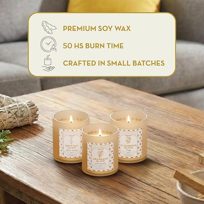 Candle Set - 3 Pack Soy Wax Aromatherapy Scented Candles for Energy Cleansing, Manifestation, Palo Santo, Sage, Citronella, Long Lasting, Gift for Women, for her, Smudge Kit