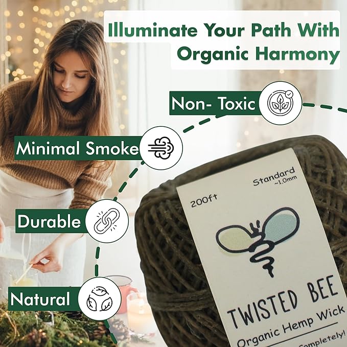 100% Organic Hemp Wick with Natural Beeswax Coating, Twisted Bee (200ft x Standard Size)