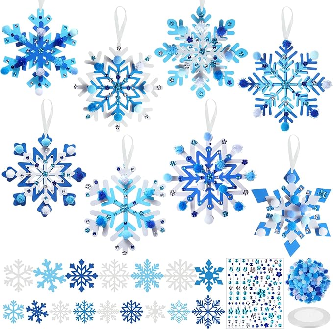 Funrous 48 Sets Snowflake Crafts Kit Winter Paper Crafts DIY White Snowflake Christmas Hanging Ornaments with Pompoms Diamond Stickers for Holiday Classroom Activities Arts Party Favors