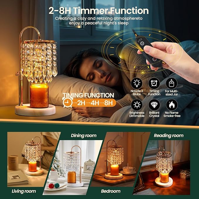 Candle Warmer Lamp with Timer Dimmer，2H/4H/8H Timer , Lamp Candle Warmer with Marble Base for Adjustable Height, Crystal Wax Melt Warmer for Jar Candles, House Warming Decor Gifts Mothers Day Gifts