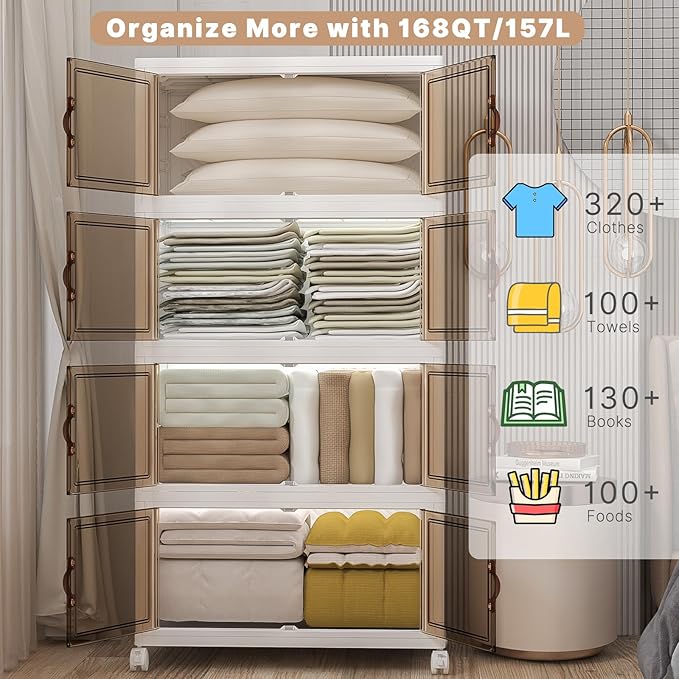 Extra Large Stackable Storage Bins with Lids & Wheels, 672QT-168QT/42GAL*4Pack Foldable Collapsible Closet Organizers Storage Cabinet with Doors for Bedroom Dorm