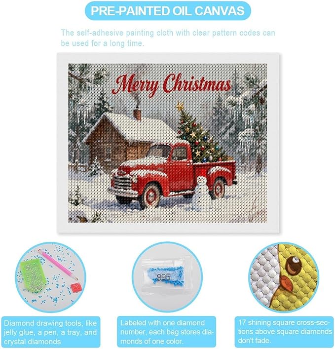AIVKIEJK Diamond Painting Kits for Adults - Christmas Red Truck with Snowman, Snowy Cabin & Tree Painting DIY 5D Full Drill Diamond Dots Paintings with Diamonds Gem Art and Crafts Home Decor 16"x20"