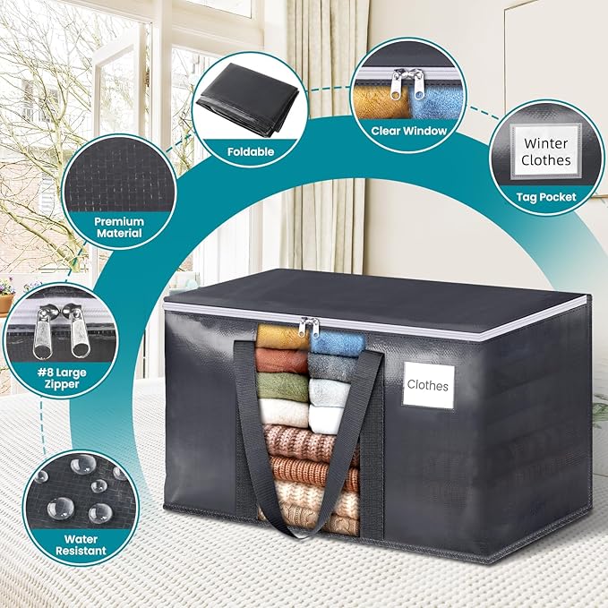 HomeHacks 2 Pack Extra Large Moving Bags with Visual PVC Window & Zippers, Storage Totes with Reinforced Handles, Heavy Duty Storage Bags for Packing, Moving, Storage (93L,Grey)
