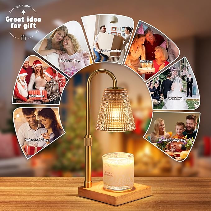 Hong-in Adjustable Height Candle Warmer Lamp with Timer Dimmer,Birthday Gifts for Women Mom,House Warming Gifts New Home Room Decor,Vintage Wax Warmer for Scented Wax Jar Candles(Amber)