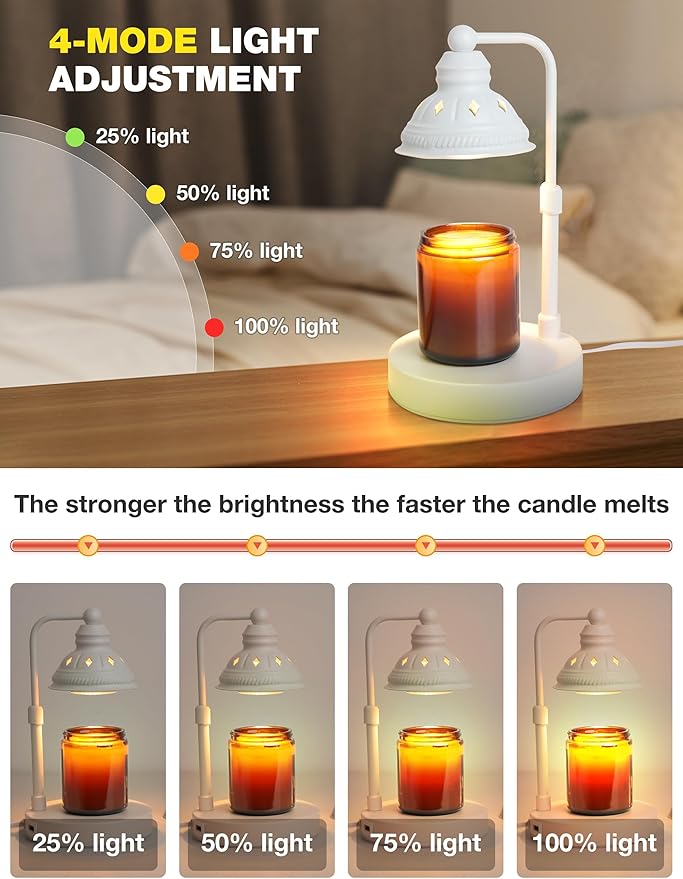 Candle Warming Lamp With Timer, Dimmer, Height Adjustment, USB Charger - Scented Bedroom Home Decor Gift for Women (White)