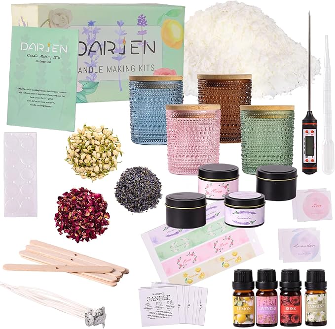 DARJEN Candle Making Kits for Adults - Candle Making Supplies with 4 Candle Jars(Blue, Pink, Amber, Green), Candle Tins, Soy Wax, Scents, Dried Flower & More, DIY Starter Candle Making Kit Home Decor