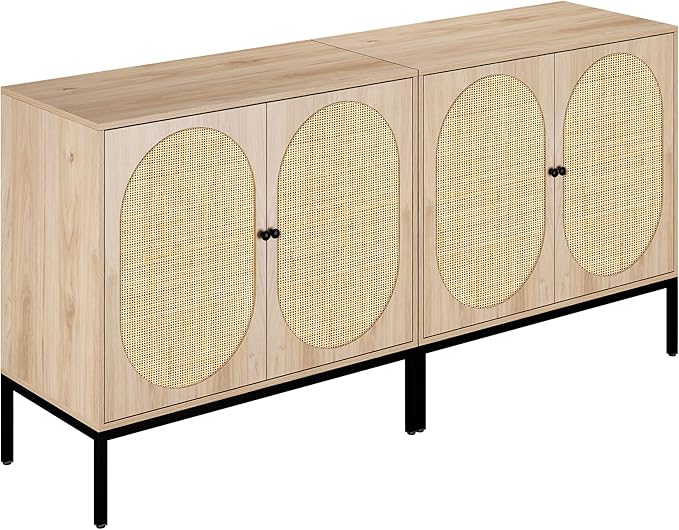 Yechen Set of 2 63" Sideboard Cabinet with Natural Rattan Hand-Woven Doors, Rattan Cabinet, Accent Buffet Storage Console Cane Credenza, for Living Room Entryway, Metal Legs/Natural