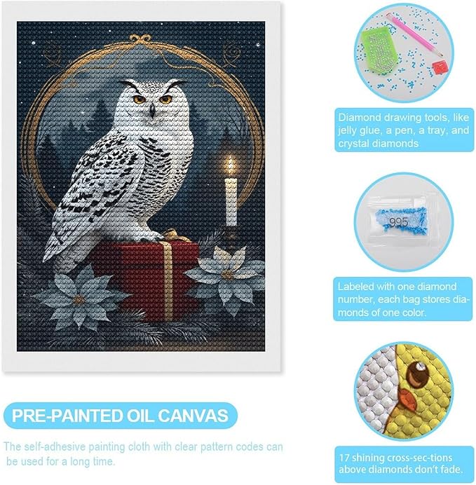 KIVJMSIDJA Diamond Art Kits for Adults Snowy Owl & Candle Glow - Winter Night Scene DIY Round Diamond Art for Home Wall Decor & Crafts Gifts 12"x16"