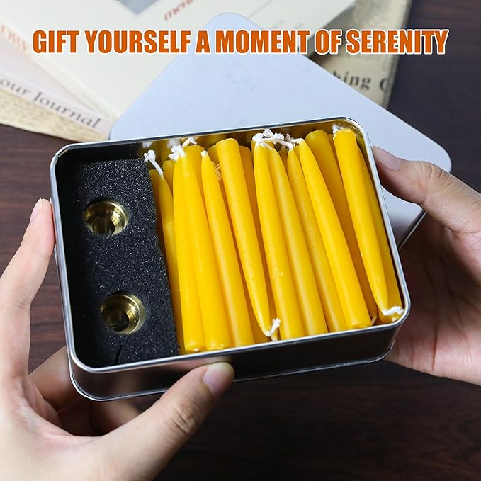 40 PCS 30 Minute Beeswax Taper Candles Natural Smokeless Mini Pure Beeswax Candles with Brass Candle Holders for Home Meditation Prayer