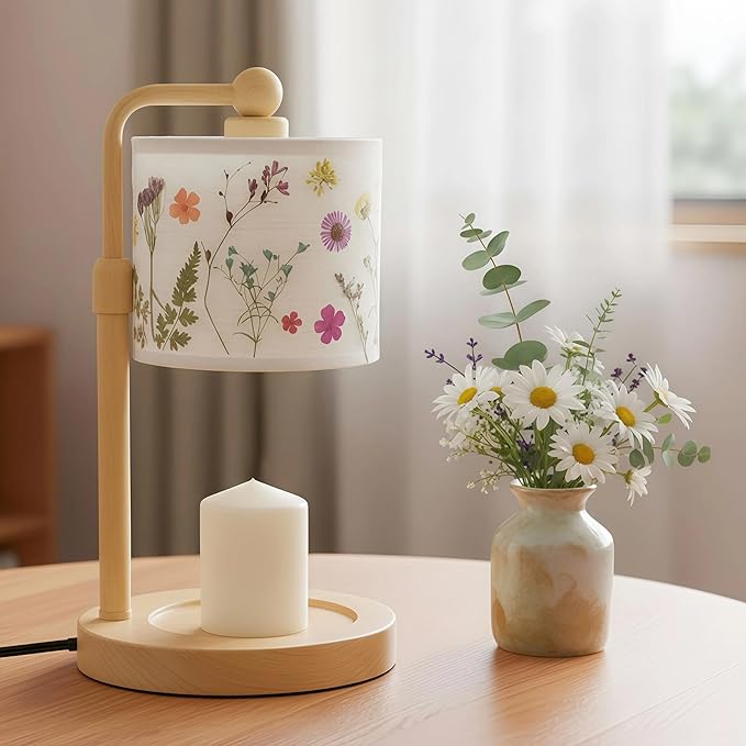 Baquler Pressed Flower Candle Warmer Lamp with Timer Dimmable Adjustable Height Vintage Boho Flower Candle Wax Lamp Housewarming Gifts for Women Mom Birthday Home Bedroom Decor(Boho Style)