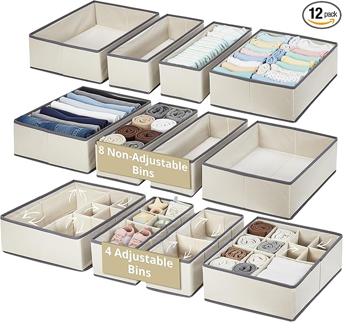 DECOMOMO Drawer Organizer for Baby – Clothes Organizer & Storage Dividers for Nursery, Storage Bins for Underwear, Bra, Socks, Diapers & Newborn Essentials (Beige, 12pcs)