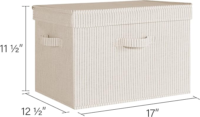 StorageWorks Fabric Storage Bins with Lid, Decorative Storage Boxes for Shelves, Stackable Closet Organizer Basket with Handles, Jumbo, Khaki and Beige Stripes, 2-Pack