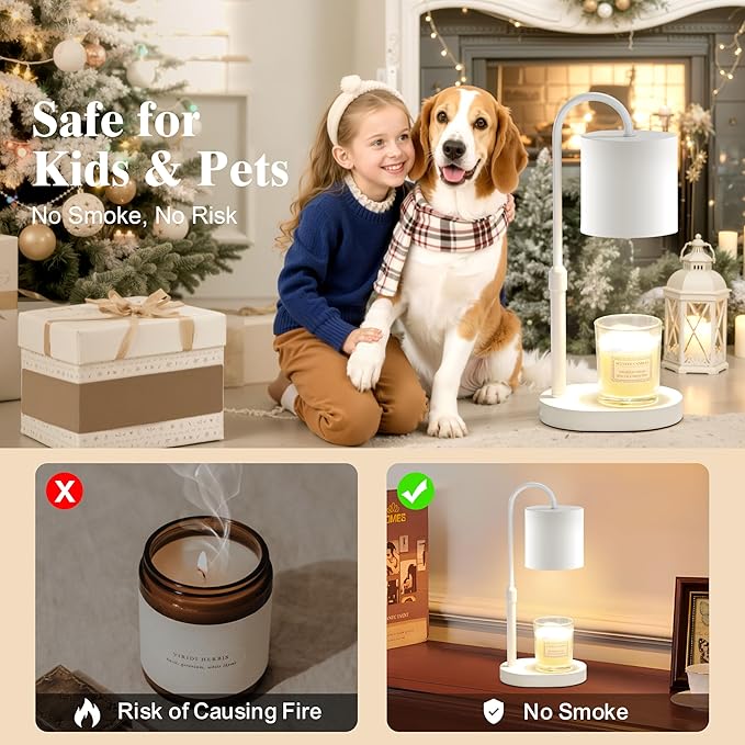 Dreamholder Electric Candle Warmer Lamp with Timer & Dimmer, Adjustable Height Wax Melt Warmer for Jar Candles, Wood Base Candle Melter, Floral Home Decor Gifts for Women, Mom, White