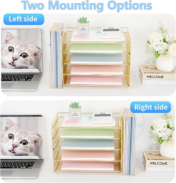 OPNICE Desk Organizer, 5-Tier Paper Organizer Letter Tray with Magazine Holder, Office Desk Accessories & Workspace Organizers, Desktop File Organizer for Office Supplies Storage, Gold
