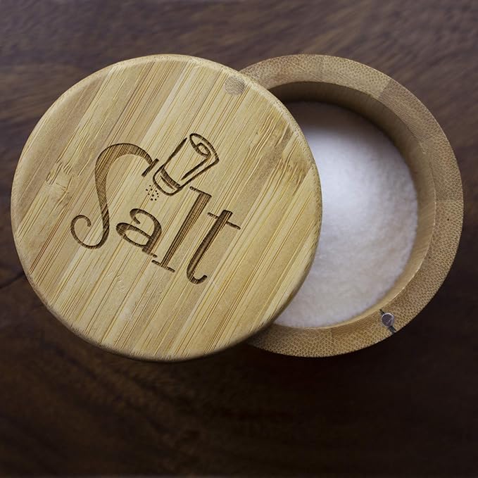 Totally Bamboo Salt Cellar Bamboo Storage Box with Magnetic Swivel Lid, 6 Ounce Capacity, Salt Engraved on Lid