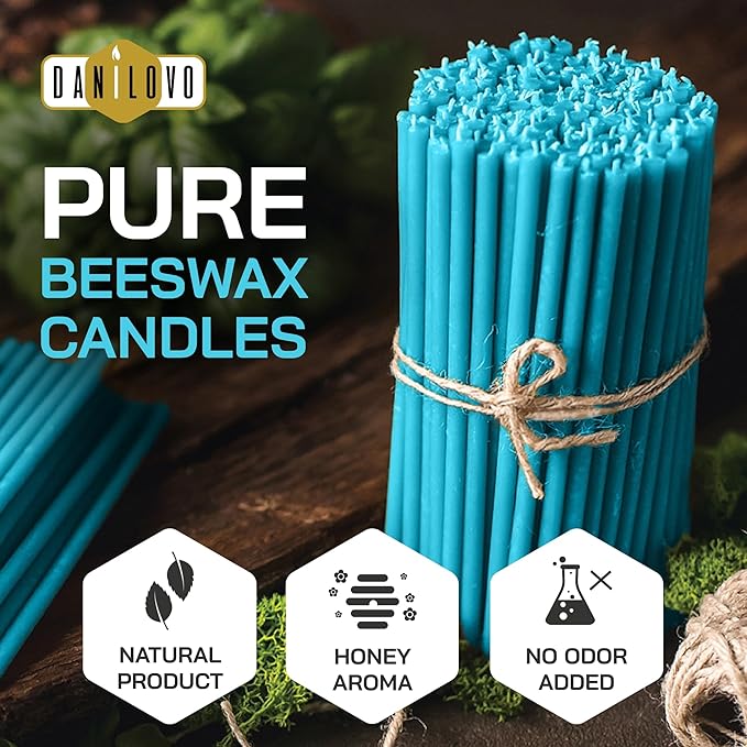 Danilovo Thin Taper Beeswax Candles - Honey-Scented, Decorative Candles Ideal for Birthday Decoration or Church Prayers - Turqoise Drip Free, Tall & Smokeless Pack of 50 pcs, 7.3 x 0.24 inch