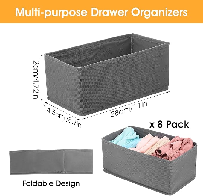8 Pack Foldable Drawer Organizers, Grey Clothing Dividers Closet Cabinet Dresser Storage Boxes for Socks, Underwear, Bras, Panties, Multi-Purpose Storage Bins, 11x5.7x4.72 Inch