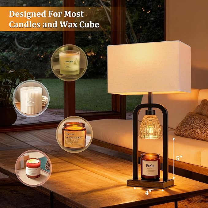 PoKat 21.5'' Lamp Candle Warmers Set of 2 Black, Farmhouse Candle Warming Lamps with Timer Dimmer & Wood-Like Base, Warmer Lamp Jar Candles, Table Lamps for Bedroom End Table Decor, Bulb Included