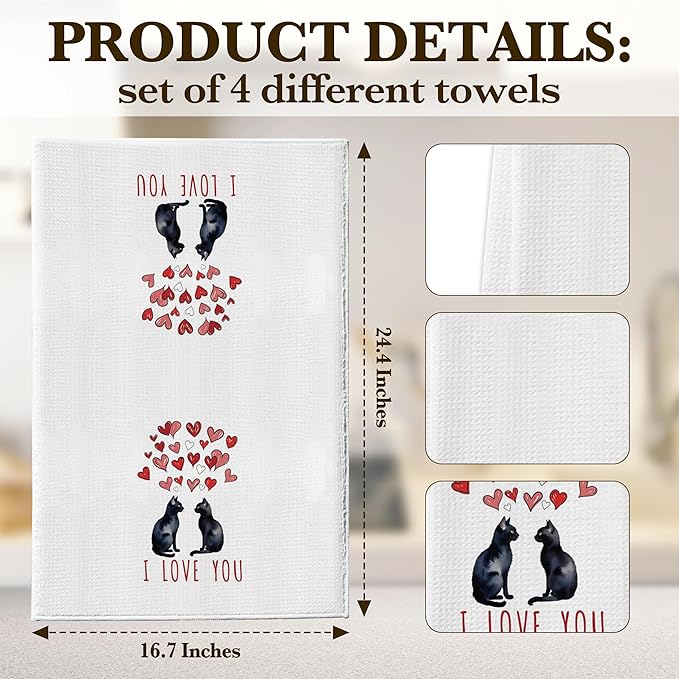 DETIHO Black Cat Kitchen Towel, Cat Lover Gifts for Women Mom, Cute Kitchen Towels Decorative Set 16x24 Inches Set of 4, Hand Tea Towels for Kitchen Bathroom Dish (A09)