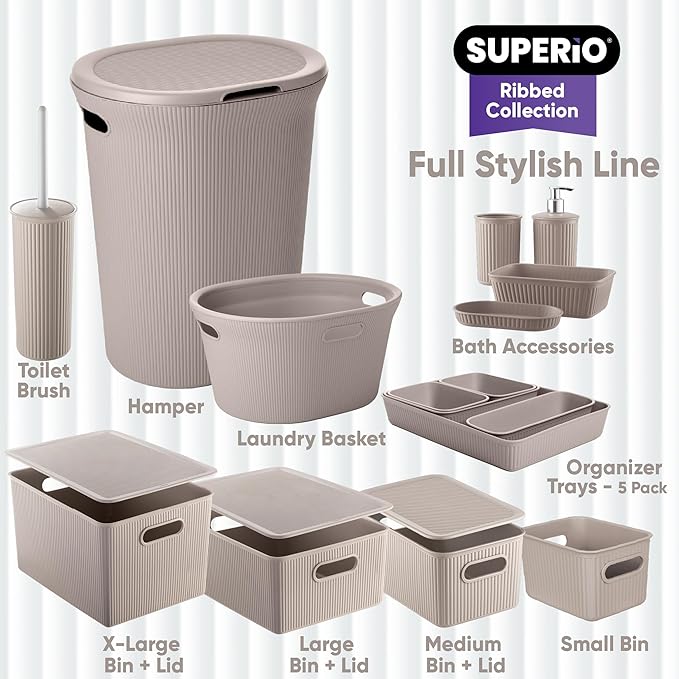 Superio Ribbed Collection - Superio Lid for Decorative Plastic Basket Open Home Storage Bins Organizer Baskets, Large Taupe - for Organizing Closet Storage Bins for Shelves Drawer Shelf 15/22 Liter