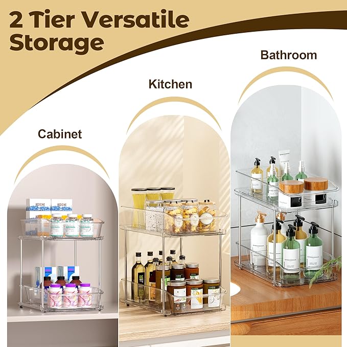 Incostar 2 Tier Pull-Out Organizer for Bathroom Kitchen, Under Sink Storage with Dividers, Ideal for Cabinet, Cupboard Organization, Slide-Out Clear Storage, 2 Pack