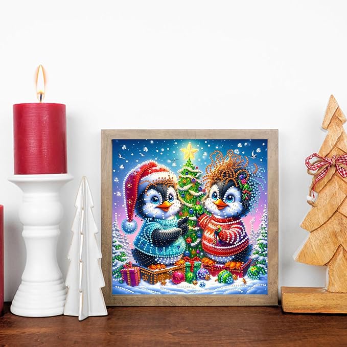 Christmas Penguins 5D Special Shape Diamond Art Kits for Beginners, Christmas Winter Theme Diamonds Painting Kits for Adults,DIY Crystal Rhinestones Diamond Paintings for Home Wall Decor 12×12Inch