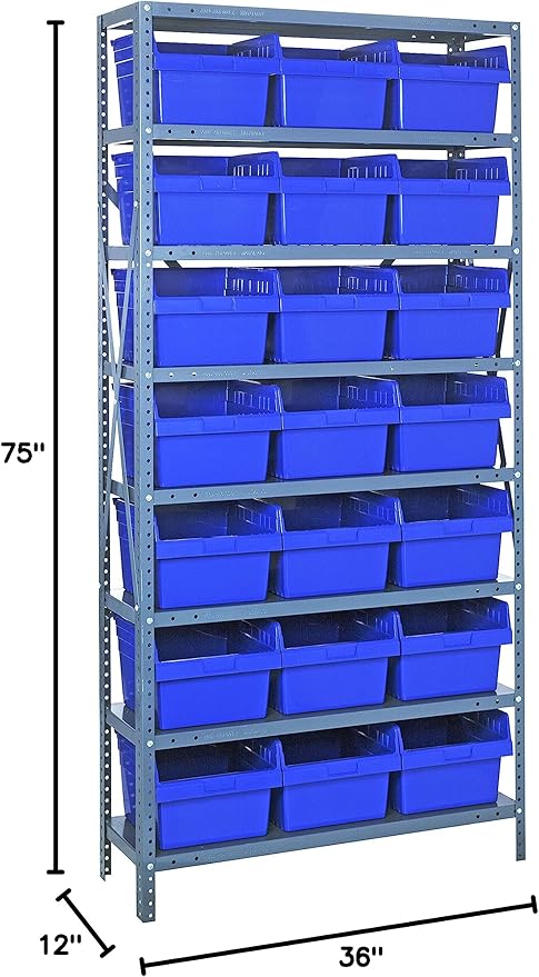 Quantum 1275-SB809BL Heavy Duty Shelving Unit with (8) Shelves and (21) QSB809 Blue Bins for Garage Warehouse Storage Distribution | 400 lb Load Capacity | 12"D x 36"L x 75"H, Galvanized Carbon Steel