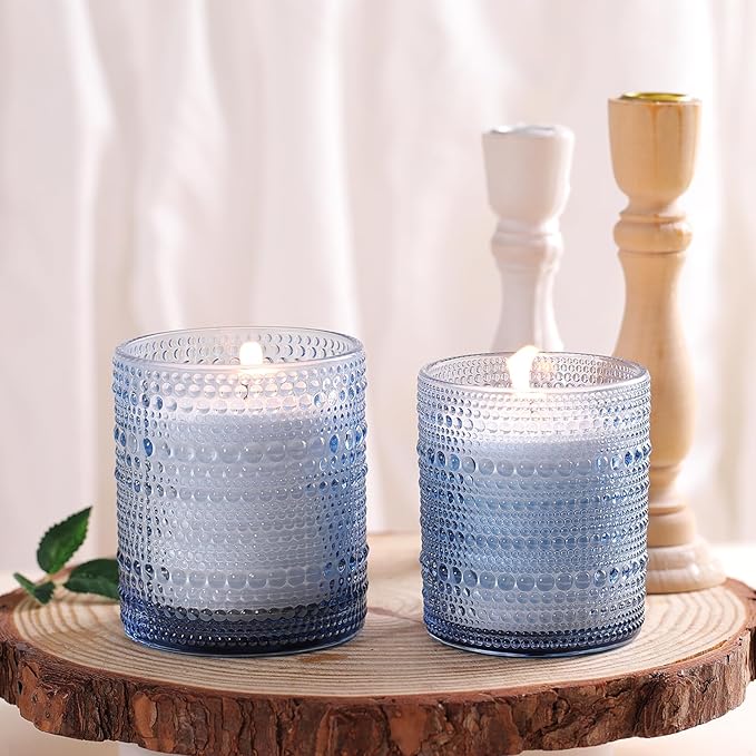 DEVI Assorted Blue Glass Candle Jars for Making Candles (8 Pack),8 oz & 14 oz Candle Jars with Bamboo Lids & Labels, Bulk Empty Storage Containers, Candle Tins Making Supplies, Blue Table Decor