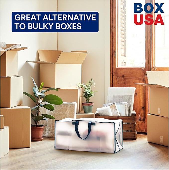 BOX USA 8-Pack Moving Bags with Strong Handles & Zippers - Heavy Duty Extra Large Packing Bags for Storage, Moving Boxes, Dorm & College Supplies, Clear