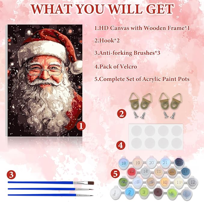 NAIMOER Christmas Santa Claus Paint by Numbers Kits for Adults Beginner with Wooden Framed, Color by Numbers on Canvas Painting Kits for Adults, Easy Paint DIY Acrylic for Home Wall Decor 8X12 Inch