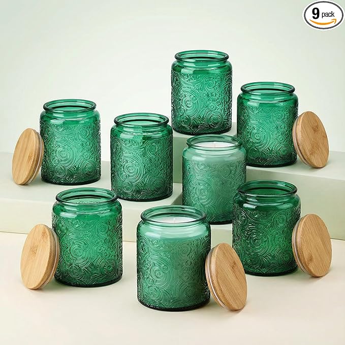 9-Pack 8oz Embossed Glass Candle Container with Bamboo Lids and Labels, Green Candle Jars for Making Candles, Sun Moon Star Design