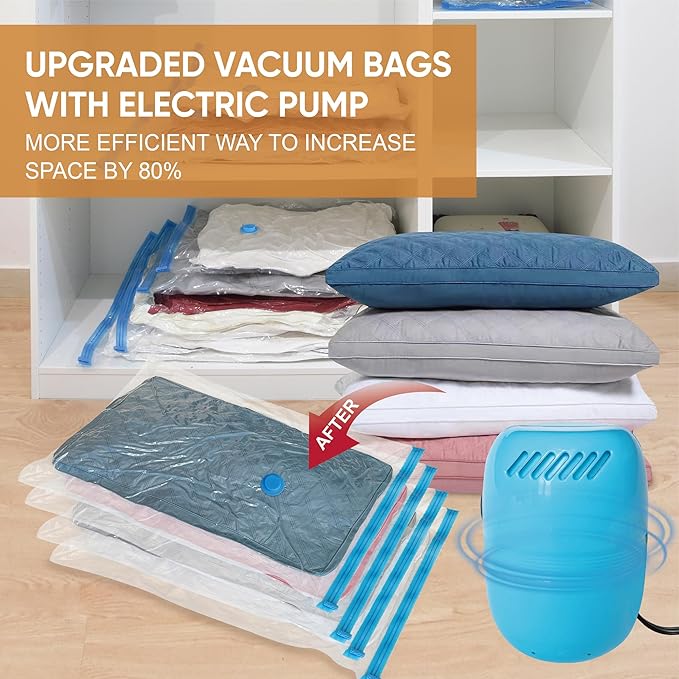 Space Saver Vacuum Storage Bags Combo - 15 Bags (2Jumbo/2Large/6Medium/5Small) with Electric Pump, Ideal for Clothes, Comforters, Blankets & Bedding