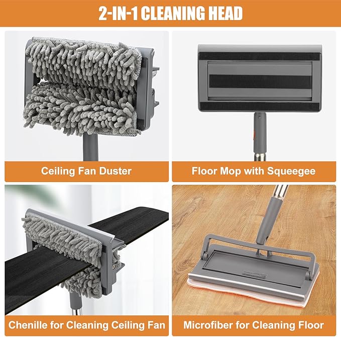 CALBEAU Ceiling Fan Cleaner Duster with 84'' Extension Pole, Baseboard Cleaner Tool with Handle, Reusable Chenille & Microfiber Pads for Dusting Ceiling Fan Baseboard Wall Window Floor