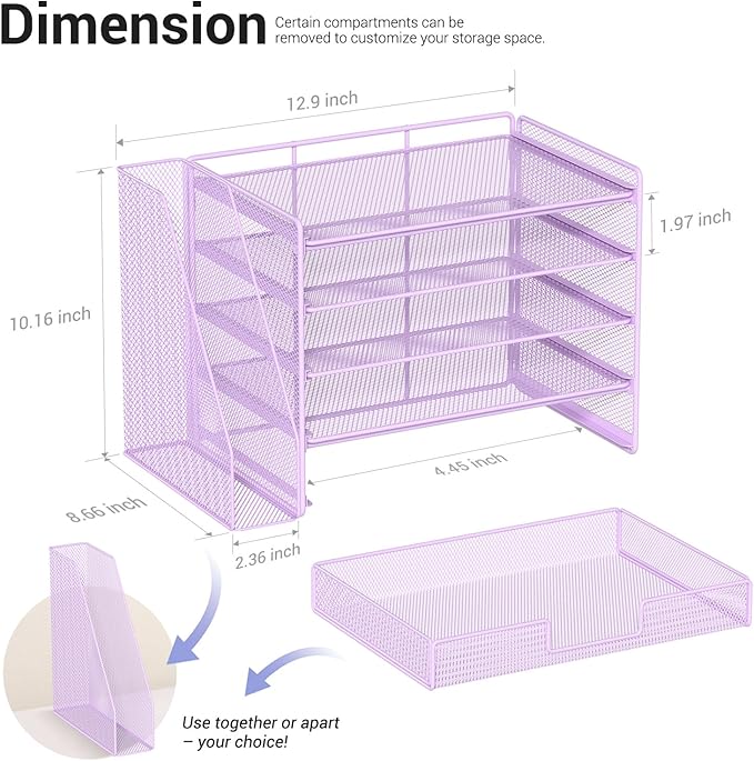 OPNICE Desk Organizer, 5-Tier Paper File Organizer with Drawer & Pen Holder, Office Desk Accessories, Workspace Desktop Organizer for Office Supplies(Purple)