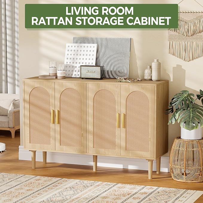 47.2" Rattan Sideboard Buffet Credenza Cabinet, Farmhouse Kitchen Coffee Bar Cabinet with Storage, Boho Accent Buffet Console Table for Entryway Living Room, Dining Room, Natural