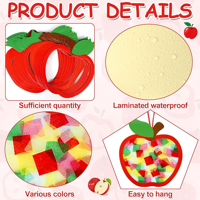 Qyeahkj 36 Set Fall Apple Suncatchers Crafts for DIY Autumn Apple Window Tissue Paper Craft Kit Hanging Decor for Back to Home Activity Art Project Birthday Party Favor Gift