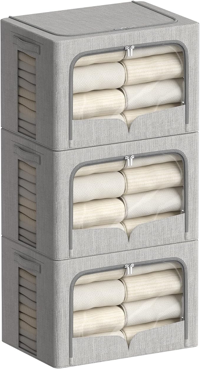 FHSQX 3 Pack Clothes Storage Bins - Foldable Metal Frame Storage Box - Stackable Linen Fabric Container Organizer Set with Carrying Handles and Clear Window (Light Gray, 16.5x12.2x12.2inch(40L))