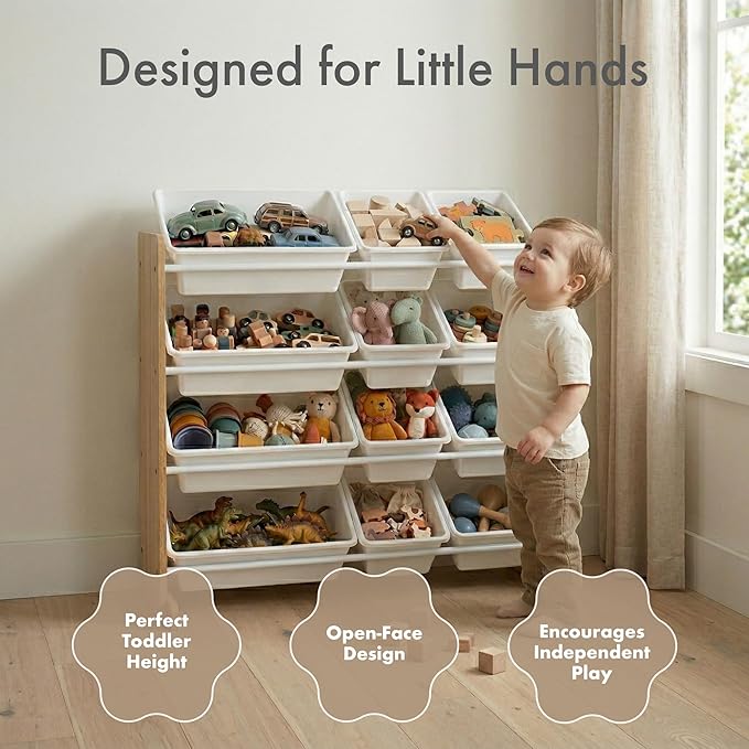 Humble Crew Kids Toy Storage Organizer with 12 Plastic Bins, Natural Wood/White – Removable Bins for Playroom, Bedroom, Toddler Furniture for Boys and Girls Ages