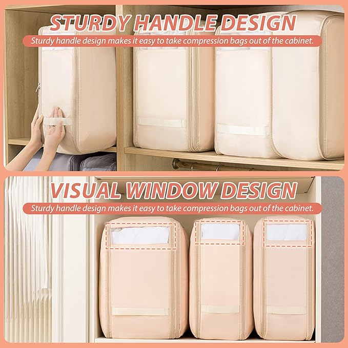 Veki Comforter Storage Bag, Space Saving Self Compression Foldable Blanket Storage Bags, Closet Organizer With Handle and VisualiZation Window, Large capacity 130L for Bedding, Clothes (Apricot L)